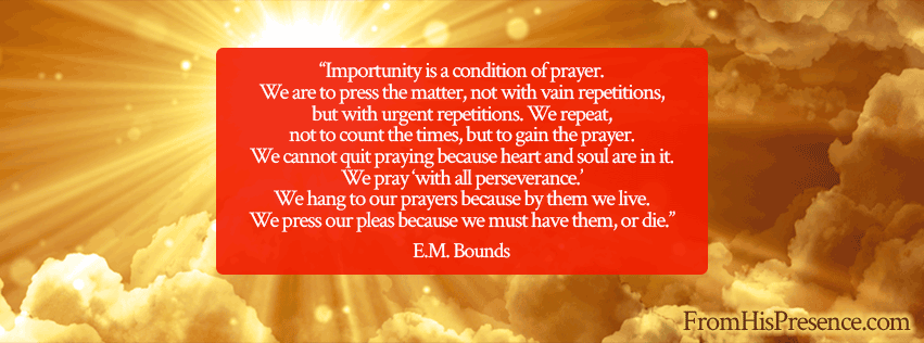 How to Pray with Importunity | by Jamie Rohrbaugh | with quote by EM Bounds: "Importunity is a condition of prayer. We are to press the matter, not with vain repetitions, but with urgent repetitions. We repeat, not to count the times, but to gain the prayer. We cannot quit praying because heart and soul are in it. We pray ‘with all perseverance.’ We hang to our prayers because by them we live. We press our pleas because we must have them, or die.” | FromHisPresence.com