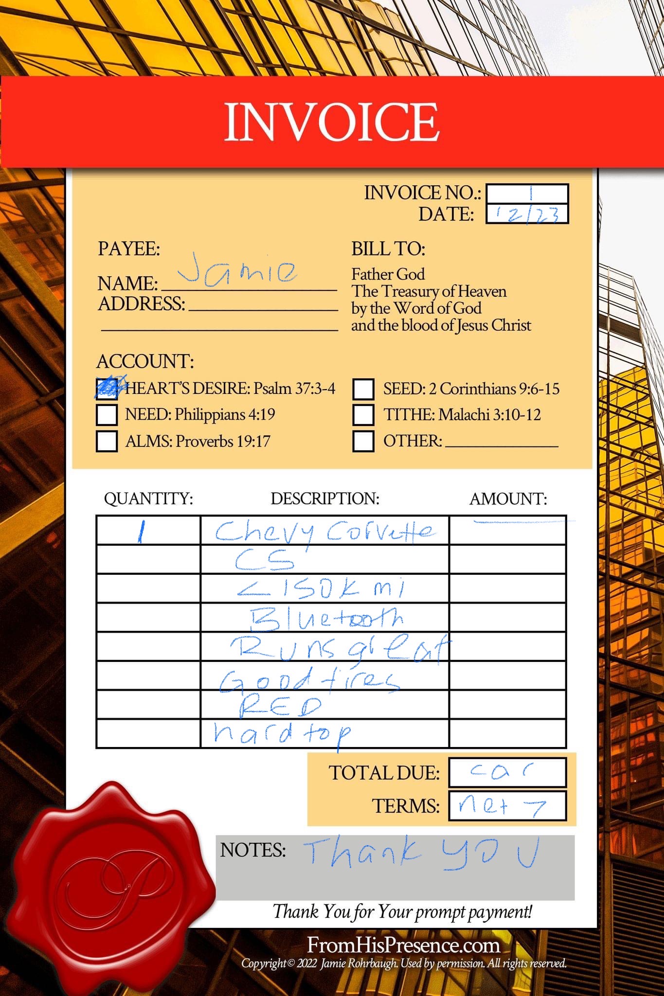 Invoice the Treasury of Heaven | Jamie's invoice for a Corvette